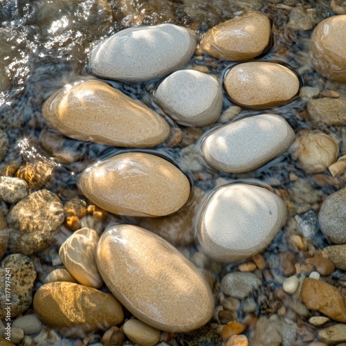 A collection of smooth pebbles arranged on a riverbed, with clear water flowing over them photo