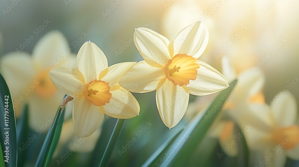 Spring daffodils blooming in sunlight, garden background, nature wallpaper Spring daffodils blooming in sunlight, garden background, nature wallpaper