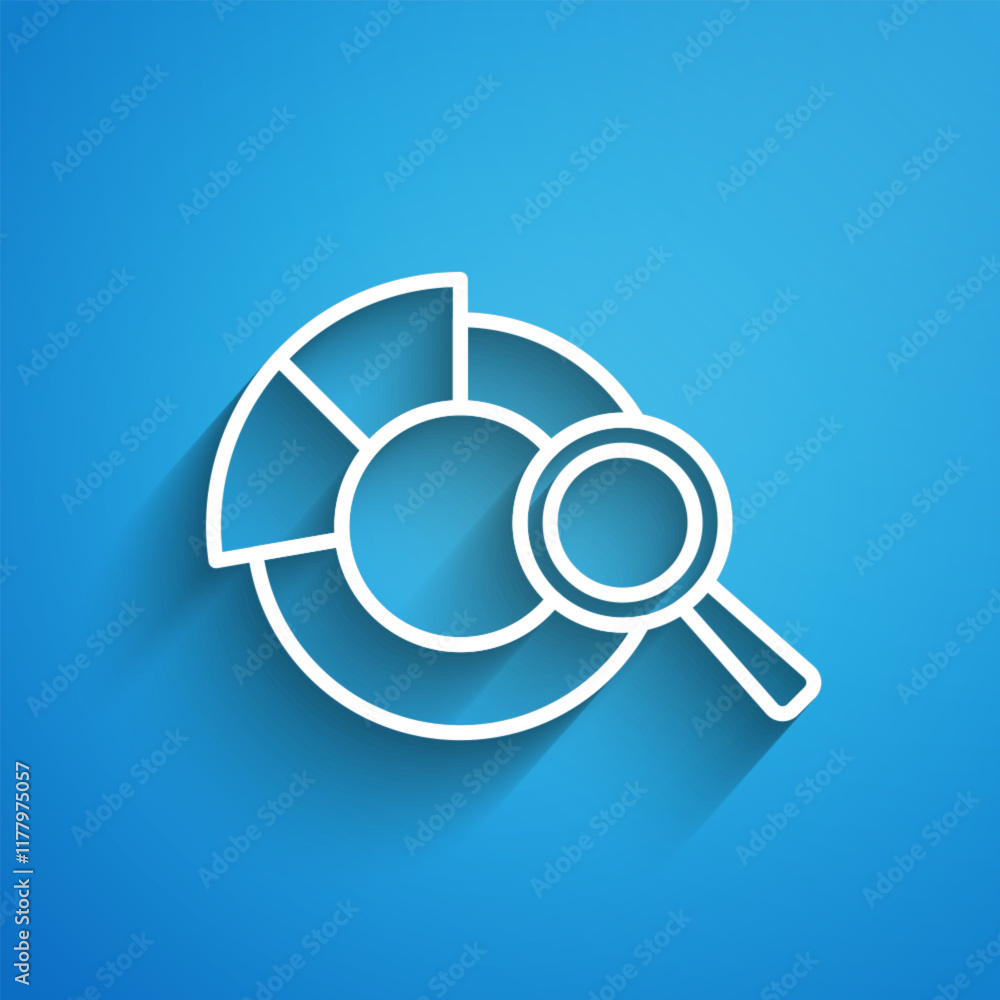 White line Magnifying glass and data analysis icon isolated on blue background. Search sign. Long shadow. Vector White line Magnifying glass and data analysis icon isolated on blue background. Search sign. Long shadow. Vector