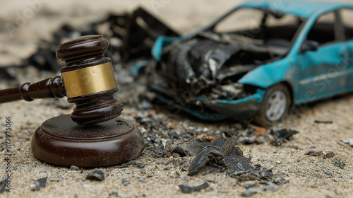 A gavel placed near a damaged car on a sandy surface, symbolizing legal justice, accountability, and court proceedings related to car accidents or disputes. photo