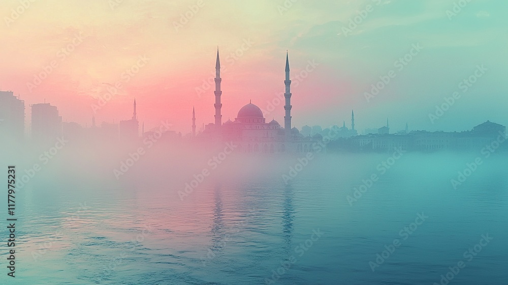 Misty sunrise over mosque on waterfront with city skyline. Misty sunrise over mosque on waterfront with city skyline.
