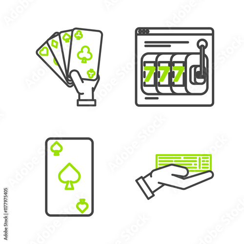 Set line Hand holding deck of playing cards, Playing with spades symbol, Online slot machine lucky sevens jackpot and icon. Vector