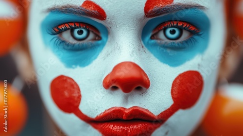 Professional clowns in artistic performance, classic mime makeup.