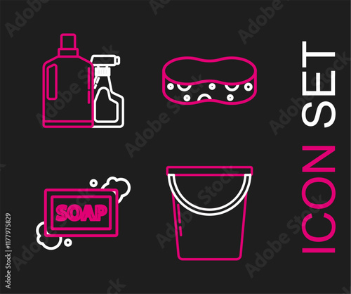 Set line Bucket, Bar of soap with foam, Sponge and Plastic bottles for liquid dishwashing liquid icon. Vector