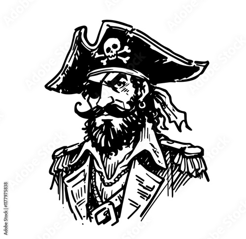 bold black and white vector of a pirate with skull hat and sword illustration photo