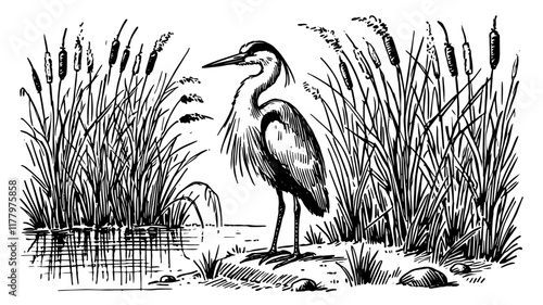 black and white vector of heron standing among reeds, engraving style wetland bird illustration