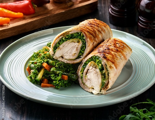 chicken roll with sauteed veggies slaw and pesto zoomed in1.jpg photo