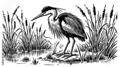 heron standing in reeds by the water, hand-drawn black and white wildlife vector illustration