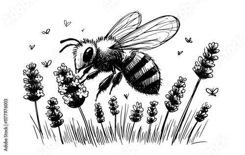 hand-drawn vector sketch of a bee with floral elements in black and white