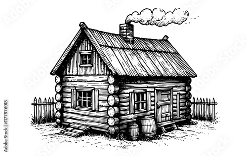 rustic wooden house vector illustration in a detailed black and white sketch style