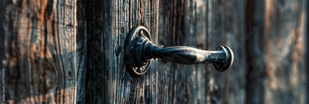 Rustic Metallic Handle on Aged Wooden Door – A Close-Up View of Time-Worn Elegance and History Rustic Metallic Handle on Aged Wooden Door – A Close-Up View of Time-Worn Elegance and History