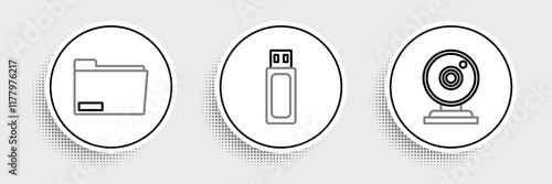 Set line Web camera, Document folder and USB flash drive icon. Vector