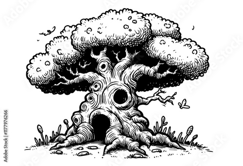 vector illustration of an old tree with a hollow trunk and intricate textures