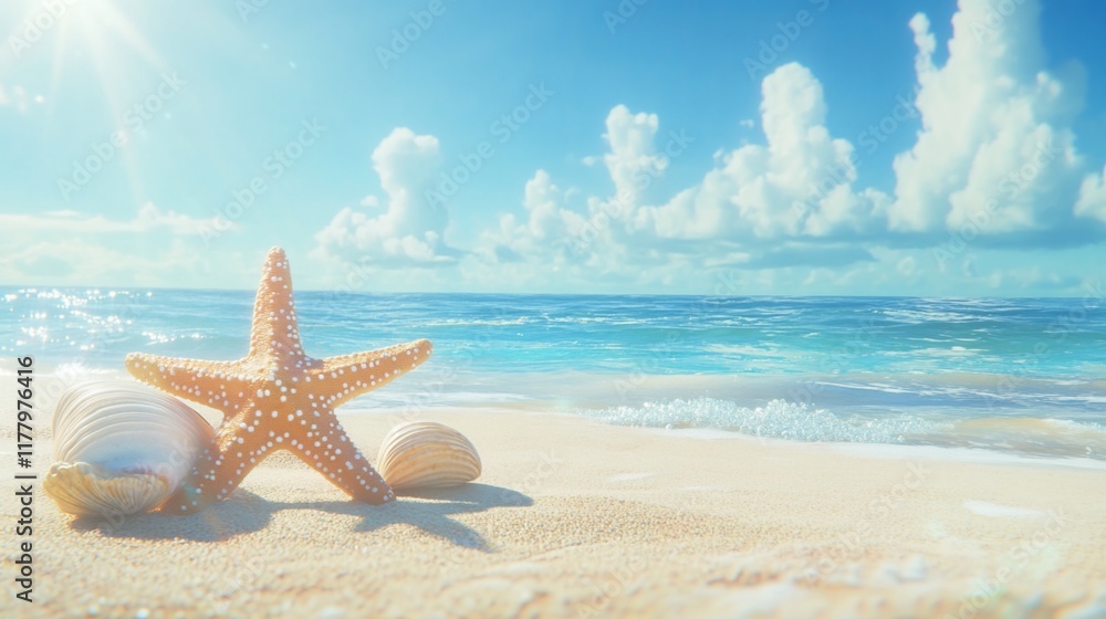 Starfish, shells on sunny beach; ocean waves, summer vacation; travel poster Starfish, shells on sunny beach; ocean waves, summer vacation; travel poster