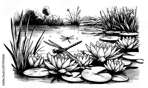 artistic black and white vector design of a pond with lotus flowers and dragonflies