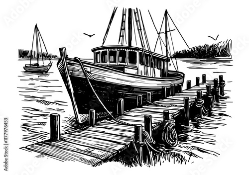 fishing boat docked at wooden pier, black and white hand-drawn vintage nautical vector