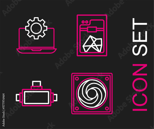 Set line Computer cooler, Virtual reality glasses, 3D printer and Laptop and gear icon. Vector