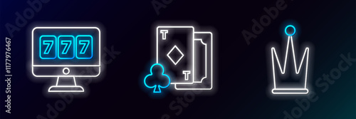Set line Crown, Online slot machine with lucky sevens jackpot and Playing card diamonds icon. Glowing neon. Vector