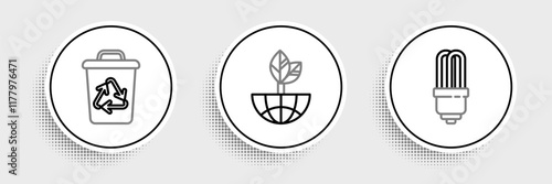 Set line LED light bulb, Recycle bin with recycle symbol and Earth globe and leaf icon. Vector