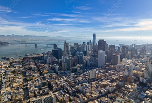 Aerial view of Downtown district of  San Francisco skyline on a sunny day, California.