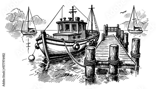 hand-drawn black and white vector of a fishing boat moored at wooden pier