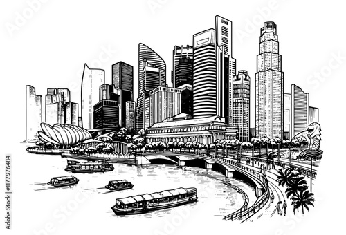 black and white vector cityscape with modern skyline and riverside boats