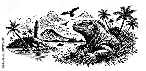 iguana in tropical landscape with volcano, lighthouse and palm trees, detailed black and white vector scene