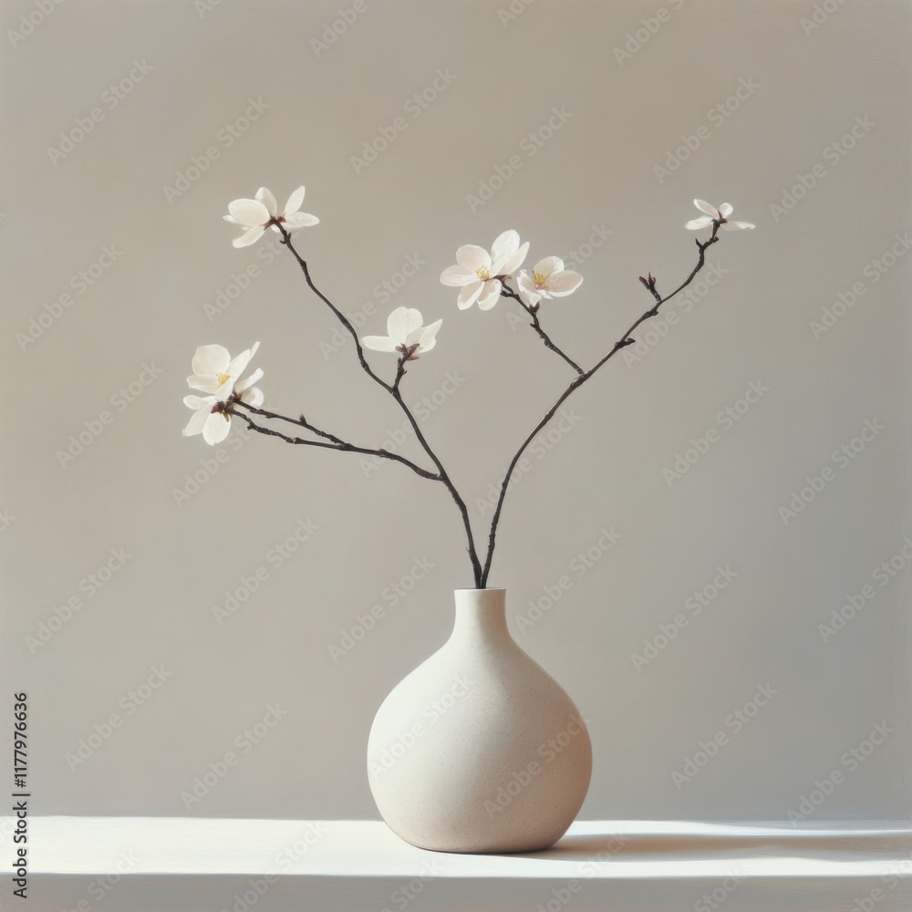 Simple white flowers in a beige vase on a white surface against a light beige background. Simple white flowers in a beige vase on a white surface against a light beige background.
