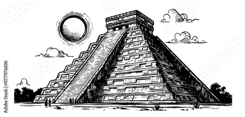artistic depiction of an ancient Mayan temple surrounded by tropical elements
