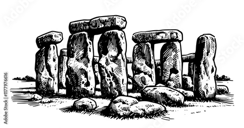 monochrome drawing of ancient stonehenge with dramatic cloud scenery