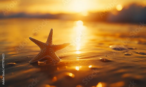 Starfish sunset beach ocean wave background photo