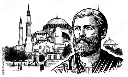 artistic black and white vector drawing of Hagia Sophia and a historic character