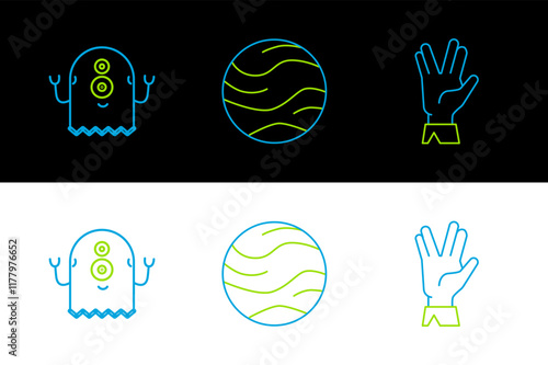 Set line Vulcan salute, Alien and Planet icon. Vector