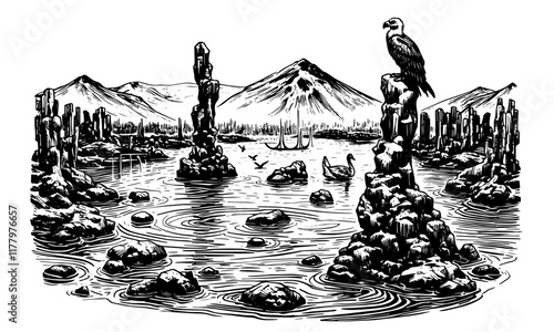 vector illustration of a serene lake with birds and mountains in the background