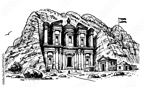 artistic black and white vector drawing of Petra's iconic rock-carved architecture