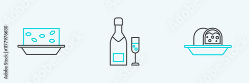 Set line Marzipan sponge cake, Nougat with nuts and Champagne bottle and glass of champagne icon. Vector