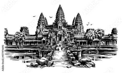 hand-drawn vector art of the iconic Angkor Wat with surrounding tropical scenery