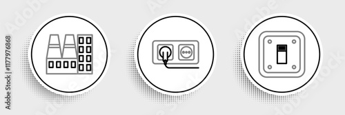 Set line Electric light switch, Power station plant and factory and Electrical outlet icon. Vector