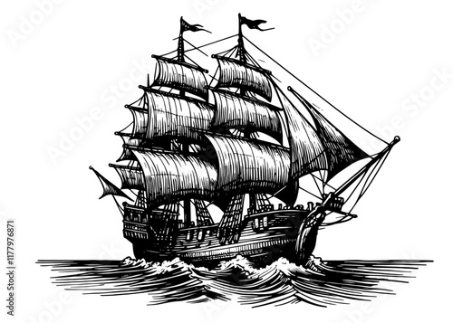 black and white illustration of a historic sailing ship in the ocean