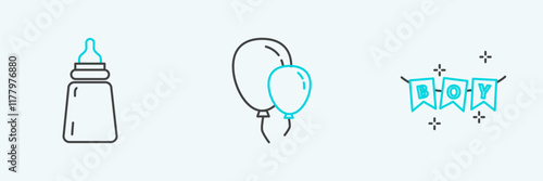 Set line Carnival garland with flags, Baby bottle and Balloons ribbon icon. Vector