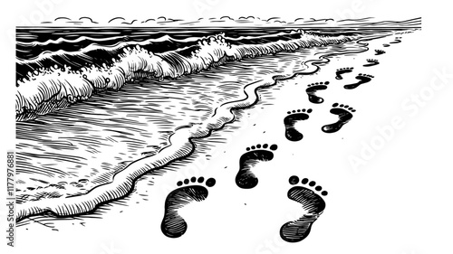 artistic monochrome drawing of footprints by the ocean waves