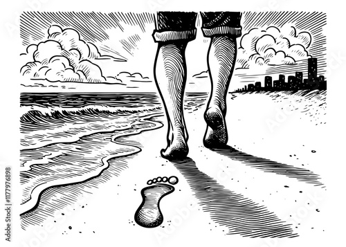 detailed line art of a peaceful walk along the shore
