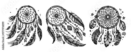 black and white artistic illustrations of dreamcatchers with feathers and beads