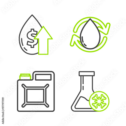 Set line Antifreeze test tube, Canister for gasoline, Oil drop and price increase icon. Vector