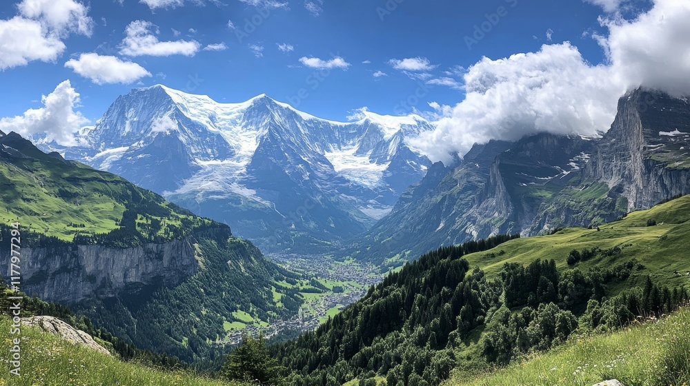 Stunning panoramic view of snow capped alps with rocky peaks and lush vegetation under blue sky Stunning panoramic view of snow capped alps with rocky peaks and lush vegetation under blue sky