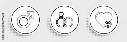 Set line Heart, Male gender symbol and Wedding rings icon. Vector