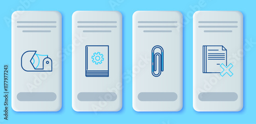 Set line User manual, Paper clip, Scotch and Delete file document icon. Vector