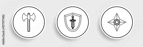 Set line Japanese ninja shuriken, Medieval axe and shield with sword icon. Vector