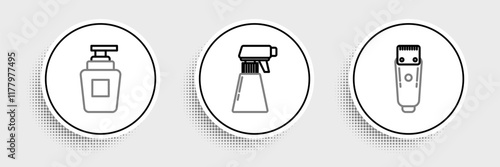 Set line Electrical hair clipper or shaver, Bottle of shampoo and Hairdresser pistol spray bottle icon. Vector
