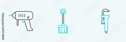 Set line Calliper or caliper and scale, Electric drill machine and Snow shovel icon. Vector